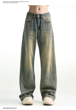 Distressed Retro Blue Jeans High Street Loose Straight Wide Leg Washed Bootcut Pants Phosgene