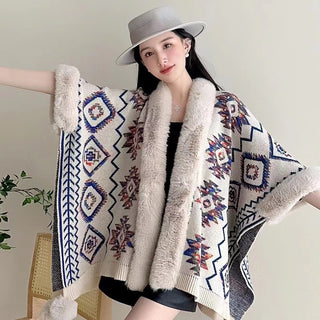 Ethnic Style Fur Ball Shawl Cape Cloak - Phosgene