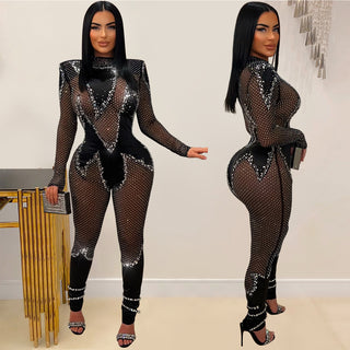 Wear Pure Color Mesh Rhinestone Long-sleeved Trousers Jumpsuit - Phosgene