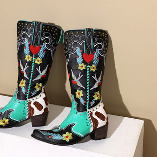 Denim Western Shoes Women's Leather Boots Exquisite Embroidery - Phosgene