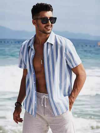 Casual Fashion Short Sleeve Striped Dress Shirt Cotton Beach Shirt Phosgene