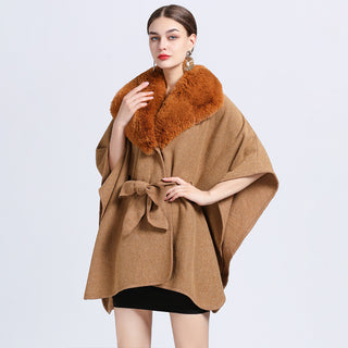 Faux Rex Rabbit Fur Collar Knit Shawl Cape - Phosgene