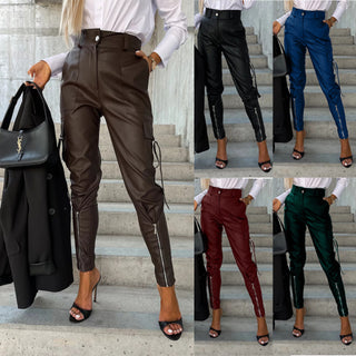 Fall Winter Fashion Slim PU Leather Waist Skinny Trousers Pockets - Phosgene