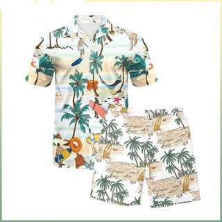 Men's Beach Travel Printed Cool Shorts Shirt Double-layer Two-piece Set Phosgene