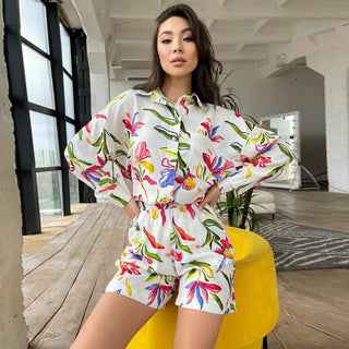 European And American Suit Women's Printed Long-sleeved Shirt Shorts Ladies - Phosgene