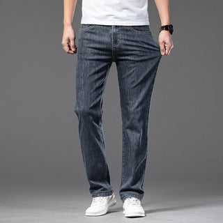 Men's Casual Half Elastic Waist Stretch Denim Trousers Phosgene