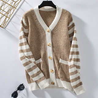 Women's Striped Sweater Loose Button Sweater - Phosgene