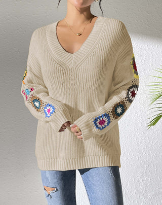 Autumn And Winter Crochet Stitching V-neck Pullover Sweater - Phosgene