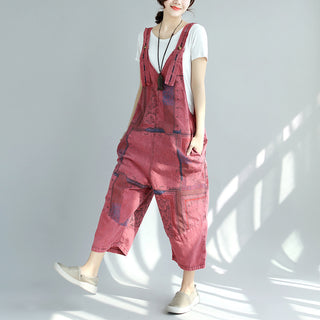 Printed Worn Looking Washed-out Big Crotch Ninth Plus Size Stitching Denim Suspender Pants - Phosgene