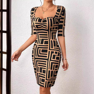 New Fashion Printed Square Collar Waist-tight Mid-sleeve Dress - Phosgene