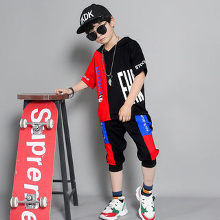 Children's clothing summer new boy short-sleeved suit in the big boy summer Korean version of the boy stitching sportswear tide - Phosgene