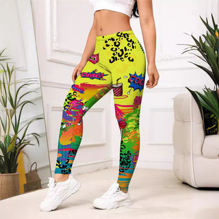 Yellow Cartoon Printed Sports Slim-fitting Leggings - Phosgene