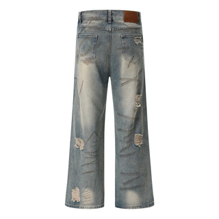 Graffiti Distressed Dirty Ripped Denim Trousers Phosgene