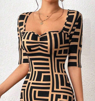 New Fashion Printed Square Collar Waist-tight Mid-sleeve Dress - Phosgene