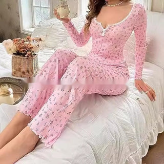 Small Floral Print Lettuce Edge Lace Collar Button Pajamas Suit Phosgene