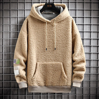 Men's Hooded Drawstring Pocket Lamb Wool Sweatshirt Velvet Padded Thickened Coat - Phosgene