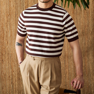 Striped Navy-striped Shirt Breathable Tencel Cotton Round Neck Short Sleeve T-shirt Phosgene