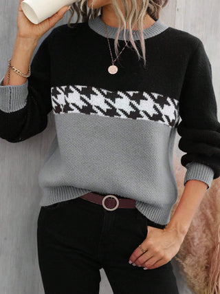 Contrast Color Pullover Round Neck Knitted Sweater - Phosgene