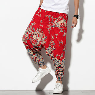 Summer Bohemian Loose Wide-leg Elephant Flower Beach Trousers - Phosgene