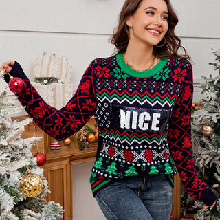 Sequined Embroidered Jacquard Christmas Sweater Lazy And Loose - Phosgene