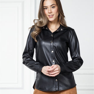 Women's Street Fashion Black PU Leather Urban Casual Shirt - Phosgene