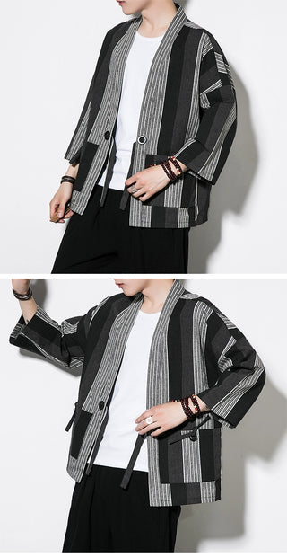 Chinese Style Summer Men's Striped Cotton Linen Vintage Cardigan Phosgene