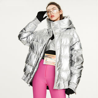 Couples Laser Glossy Thickened Loose Mid Length Down Jacket - Phosgene