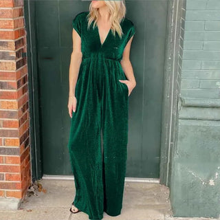 V-neck Short-sleeved High Waist Long Jumpsuit Phosgene