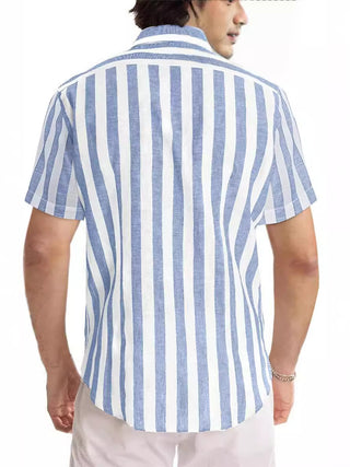 Casual Fashion Short Sleeve Striped Dress Shirt Cotton Beach Shirt Phosgene