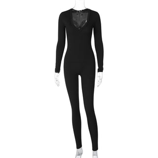 Solid Color Slim Fit Sports Long Sleeve Jumpsuit - Phosgene