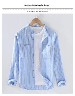 Stripe Double Pocket Chinese Style Stand Collar Casual Cotton Linen Long Sleeve Blouse Phosgene