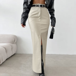 French Style Khaki PU Leather Skirt Women's Simple Split High Waist Straight Dress - Phosgene