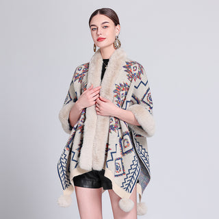 Ethnic Style Fur Ball Shawl Cape Cloak - Phosgene