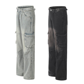 Punk Old Wash Denim Cargo Pants Trousers Men Phosgene