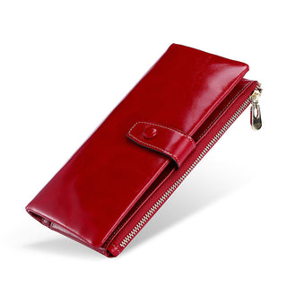 Women's Real Leather Long Multiple Card Slots Hand-held Retro Oil Wax Skin Coin Purse - Phosgene