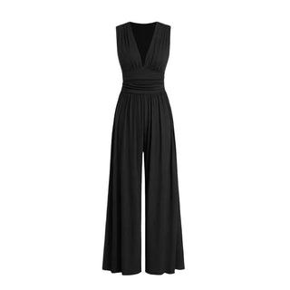 Women's Deep V-neck Pleated Stretch Body Shaping Wide Leg Jumpsuit - Phosgene