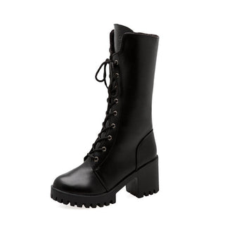 Thick Bottom Increased By Lace-up Booties All-match Middle Tube Motorcycle Boots - Phosgene