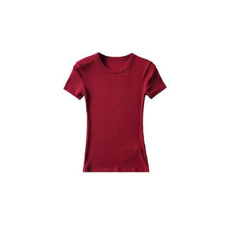 Basic Style Round Neck Tight Stretch Solid Color Short Sleeve T-shirt Top - Phosgene