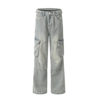 Punk Old Wash Denim Cargo Pants Trousers Men Phosgene