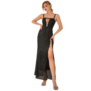 Elegant Elegant Hollow Out High Slit Sequin Sling Evening Party Dress - Phosgene