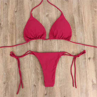 2pcs Halterneck Lace-up Bikini Women Summer Solid Color Sexy Split Strap Adjustable Swimsuit Suit - Phosgene