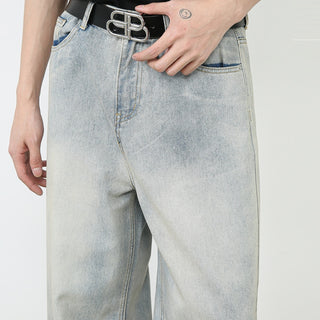 American Retro Washed Straight Jeans Men Phosgene