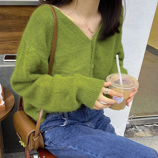 Knitted Cardigan Vintage Avocado Green V-neck Lazy Style Sweater - Phosgene