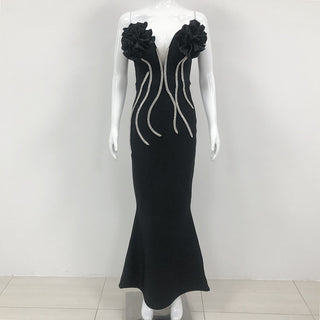 European And American Fashion New Style Temperament Socialite Flower Chain Strapless Long Type Evening Dress - Phosgene