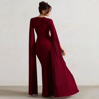 Square Collar Mop Long Sleeve High Slit Solid Color Dress - Phosgene