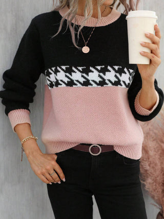 Contrast Color Pullover Round Neck Knitted Sweater - Phosgene