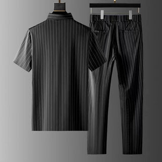 Men's Ice Silk Stripes Casual Short Sleeve Trousers Suit - Phosgene