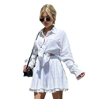 Women's Cotton Loose Cardigan Long Sleeve Shorts Pajamas Simple Phosgene