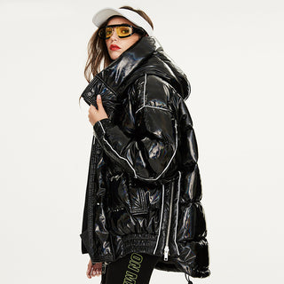 Couples Laser Glossy Thickened Loose Mid Length Down Jacket - Phosgene