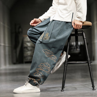 New Chinese Style Men's Trousers Printed Loose Wide-leg Trousers Plus Size - Phosgene